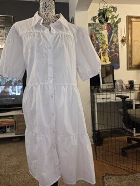 White Button-Front Tiered Midi Dress with Puff Sleeves
